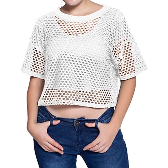 Womens Fishnet Tank Crop Tops Casual See Through T-Shirt Blouse Summer