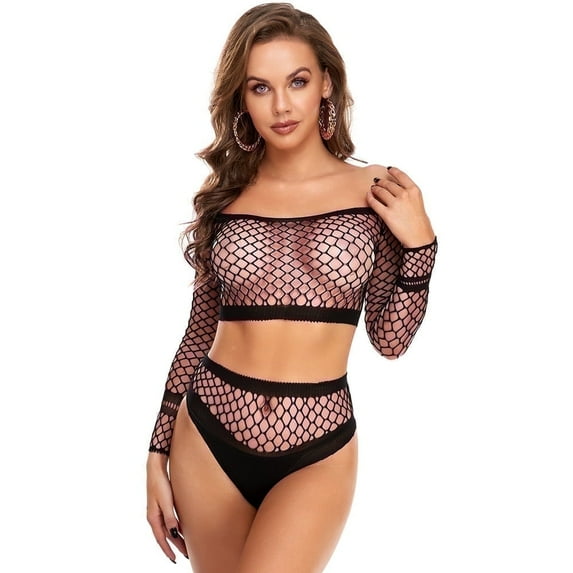 Long Sleeves Fishnet Lingerie For Women Bodysuit Dress Mesh Bodystocking See Through Chemise Nightwear