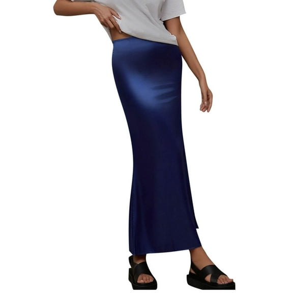 Womens Fishtail Satin Skirts Dressy Casual Elegant Bodycon Pencil Silk Long Skirts Party Work Business Outfits Navy, M
