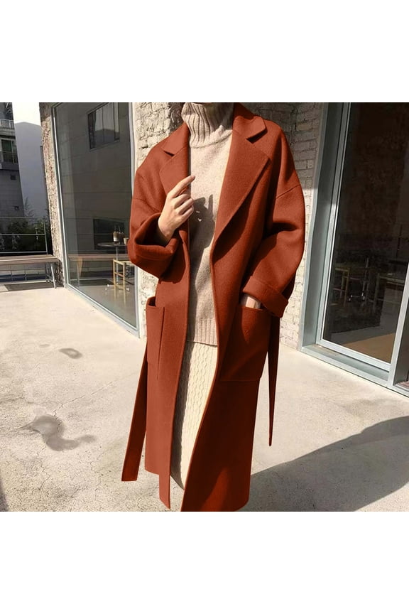 Womens Fit Mid Long Double Coat Lapel Jacket Overcoat Outwear Trench Windbreaker Women Wool Winter Jackets Winter Line Skirted Coat with Belt Wool Winter Jackets Women Lightweight Womens Heavy Wool