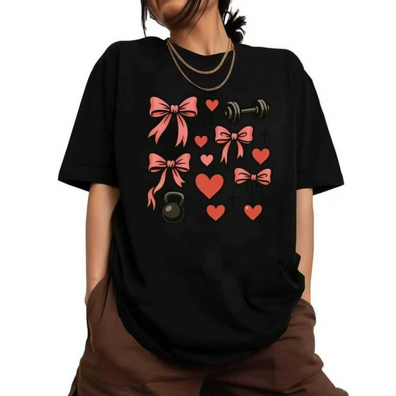 Womens Fitness Heart Graphic Girly Trendy Tee T Shirt Tops Short Sleeve Round Neck Black S-5XL
