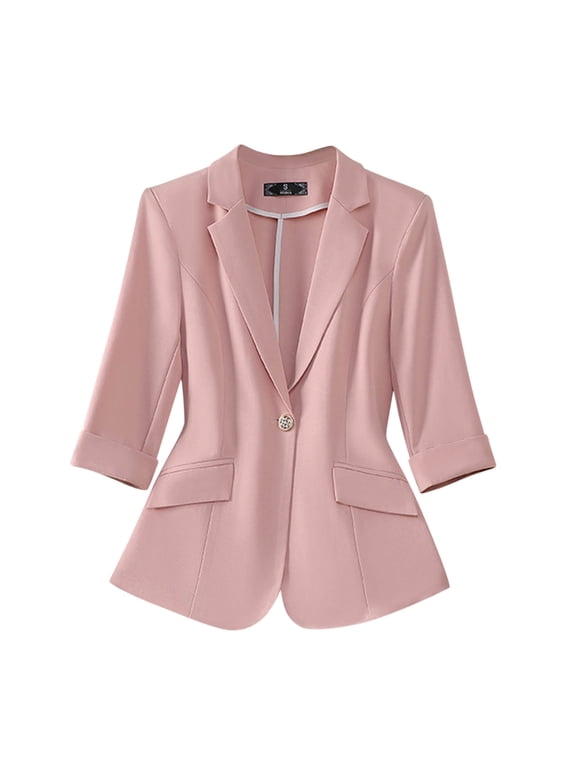 Womens Fitted Blazer Suit Jackets with Pockets 3/4 Sleeve Notch Laple Collar One Button Business Casual Outfits (L, Pink-A)