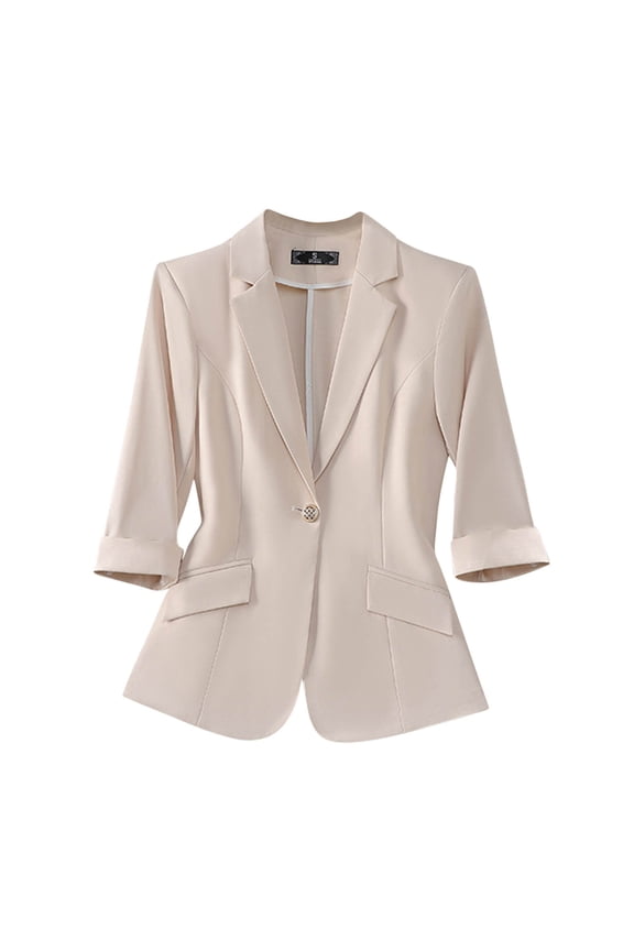Womens Fitted Blazer Suit Jackets with Pockets 3/4 Sleeve Notch Laple Collar One Button Business Casual Outfits (M, Beige-A)