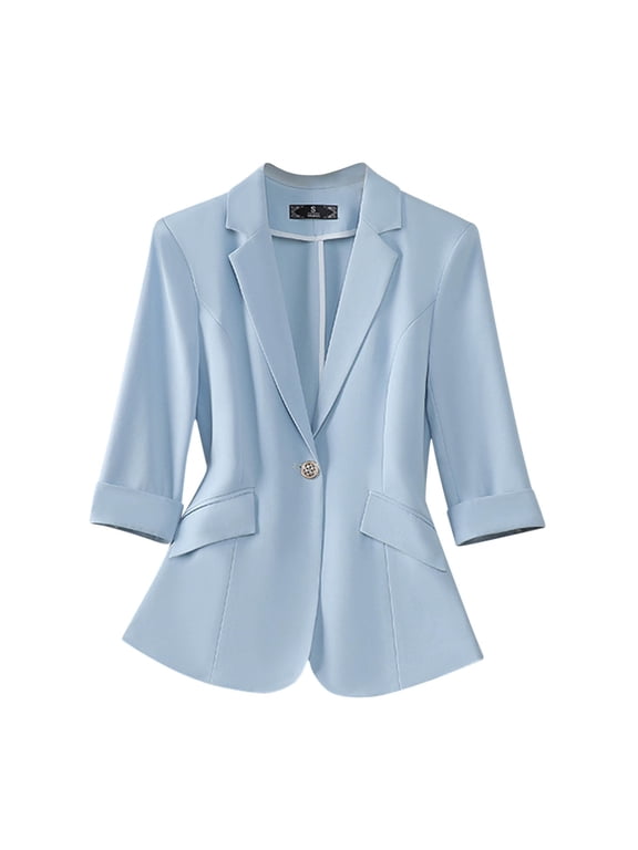 Womens Fitted Blazer Suit Jackets with Pockets 3/4 Sleeve Notch Laple Collar One Button Business Casual Outfits (M, Blue-A)