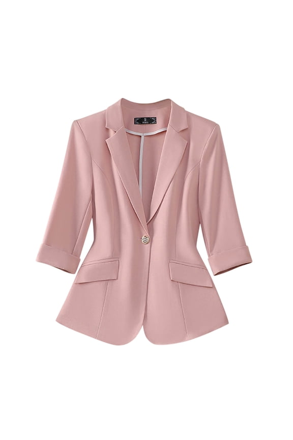 Womens Fitted Blazer Suit Jackets with Pockets 3/4 Sleeve Notch Laple Collar One Button Business Casual Outfits (XL, Pink-A)
