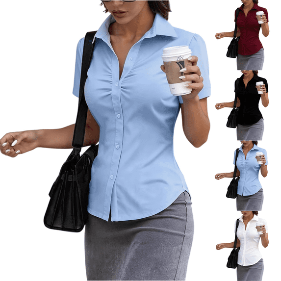 Womens Fitted Button Down Shirts Formal Fitted Ladies Office Blouse Business Work Wear Girls Collared Shirt Slim Fit Blue L