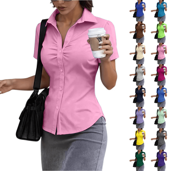 Womens Fitted Button Down Shirts Formal Fitted Ladies Office Blouse Business Work Wear Girls Collared Shirt Slim Fit Pink M
