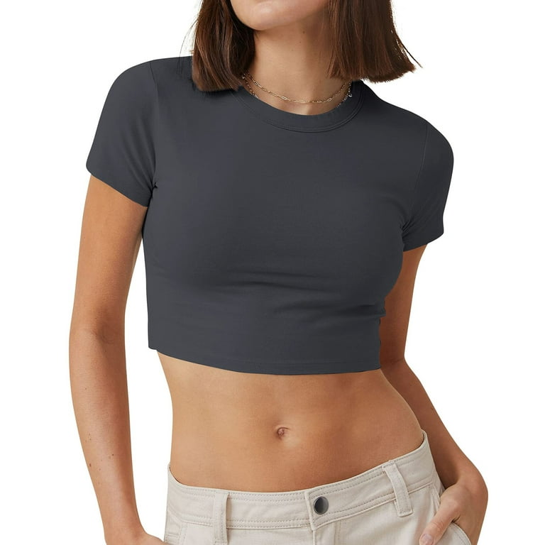 Womens Fitted Crop Tops Solid Color Short Sleeve Cropped T-shirts