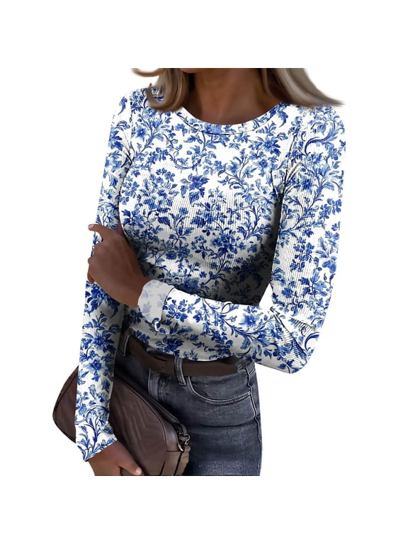 Womens Fitted Long Sleeve Pullover Top Crew Neck Floral Print Slim Base Layer Shirt Casual Retro Style for Fall Winter
