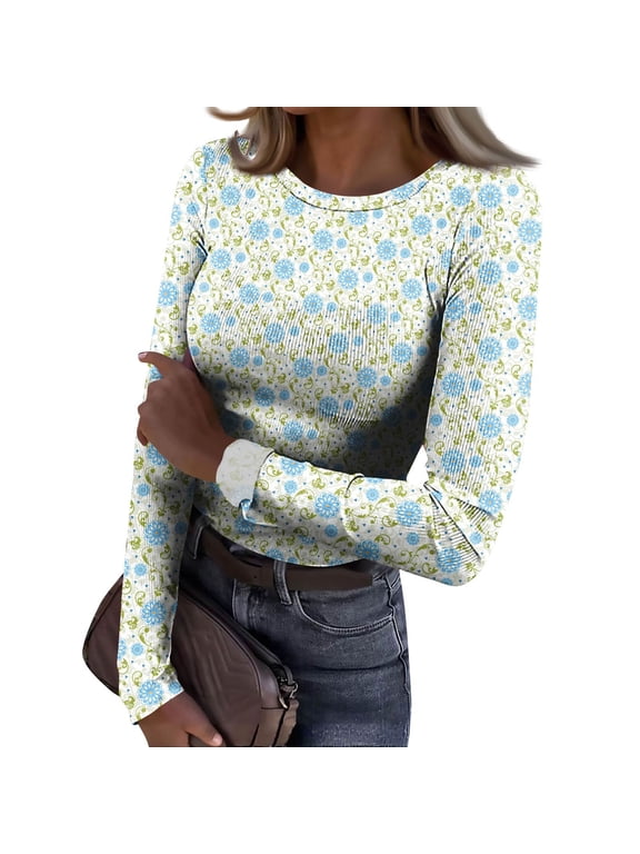 Womens Fitted Long Sleeve Pullover Top Crew Neck Floral Print Slim Base Layer Shirt Casual Retro Style for Fall Winter