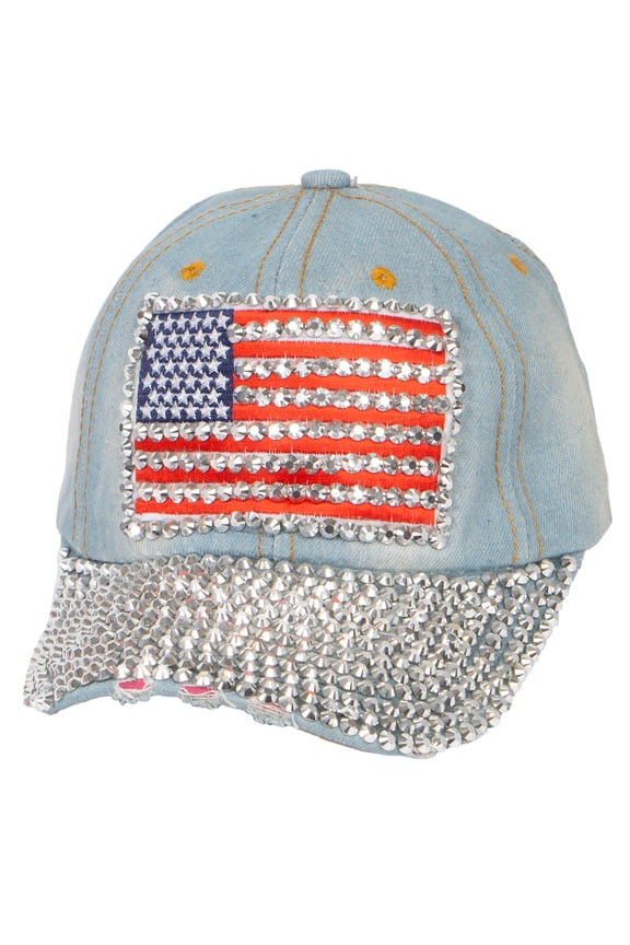 Womens Flag Patched Distressed Denim Baseball Cap - Light Denim