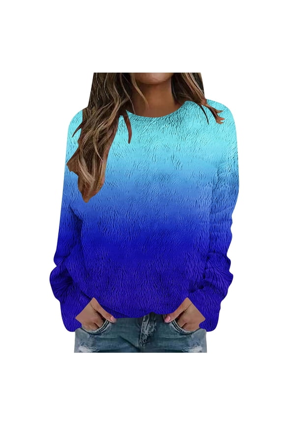 Womens Flannel Fall Clothes, Long Sleeve Pullover for Women Fashion Warm Fleece Ombre Tie Dye Crewneck Sweatshirts