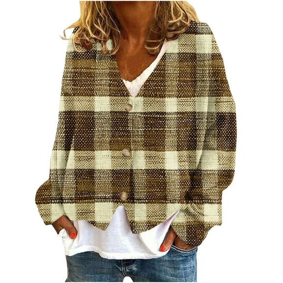 Womens Flannel Fleece Cardigans Button Down Long Sleeve Fall Sweater Drop Shoulder Slouchy Loose Casual Tops Khaki, XL