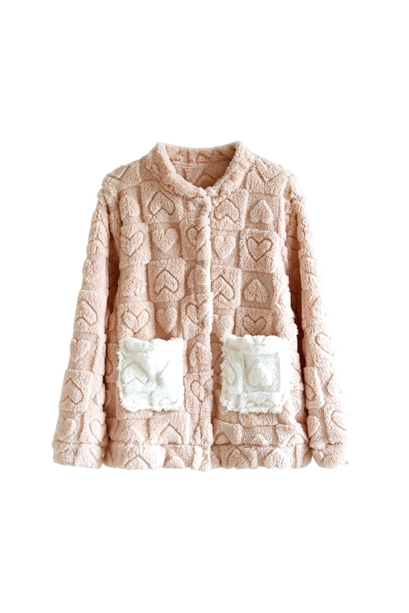 Womens Flannel Fleece Cardigans Winter Warm Comfy Long Sleeve Button Down Heart Pattern Loungewear Top with pocket (M, Pink)