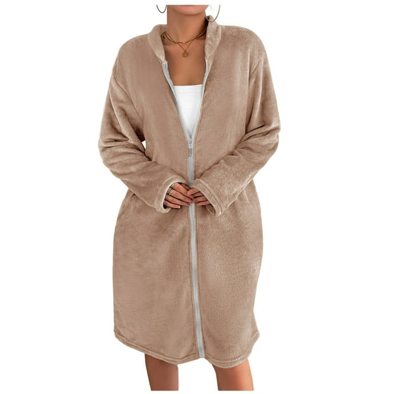 Womens Flannel Fleece Jacket Bathrobe Full Zip Soft Warm Bath Robe Long Sleeve Mid Length Home Nightgown Outerwear (XL, Khaki)