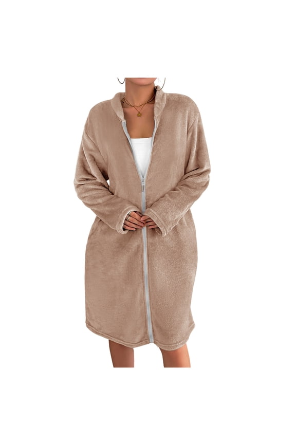 Womens Flannel Fleece Jacket Bathrobe Full Zip Soft Warm Bath Robe Long Sleeve Mid Length Home Nightgown Outerwear (XL, Khaki)