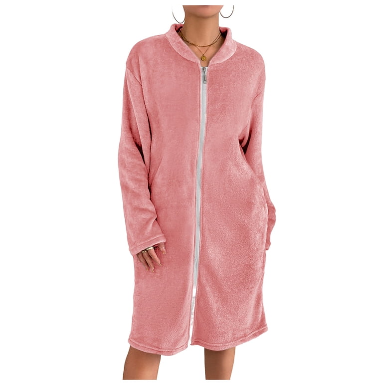 ladies long fleece dressing gown Jewelreauty Womens Flannel Fleece Jacket Bathrobe Full Zip Soft Warm Bath Robe Long Sleeve Mid Length Home Nightgown Outerwear (xl, Pink), Women's