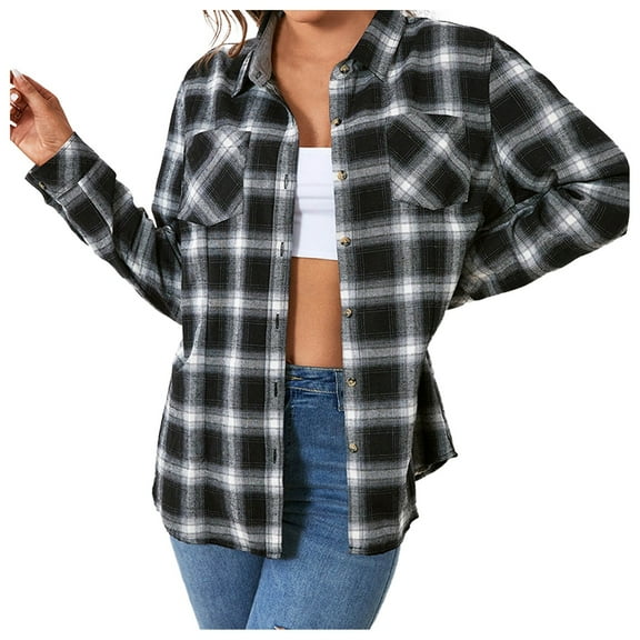 Womens Flannel Jacket Button Down Flannel Black Shacket Jacket Long Sleeve Loose Fit Casual Fall Winter Warm Womens Plaid Coat