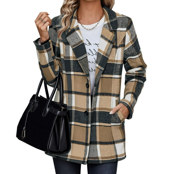 Womens Flannel Jacket Long Plaid Shacket Casual Button Tartan Trench Coat Long Sleeve Shirts with Pockets New Oversized Jacket for Women Lightweight Khaki L