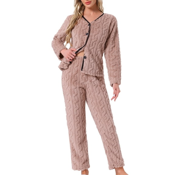 Womens Flannel Pajama Set Long Sleeve Button Down V Neck Fuzzy Fleece Pants Plush Loungewear L Dusty Pink