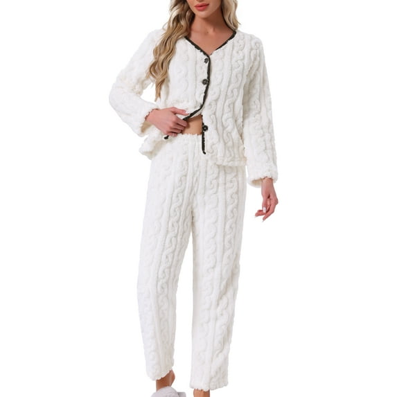 Womens Flannel Pajama Set Long Sleeve Button Down V Neck Fuzzy Fleece Pants Plush Loungewear M White