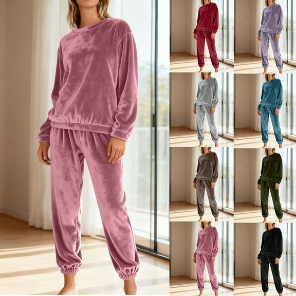 Womens Flannel Pajamas Sets Winter Warm Soft Fleece Pjs Sleepwear Long Sleeve Tops Cropped Pants Casual Loungewear Set