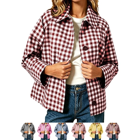 Womens Flannel Plaid Jacket Casual Turn-down Collar Long Sleeve Button Front Coat Winter Daily Wear