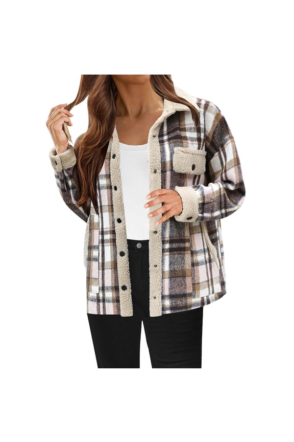 Womens Flannel Plaid Jacket Fleece Lined Button Shacket Fall Plaid Cozy Warm Winter Outwear Coat Long Jackets for Lady Winter XXL
