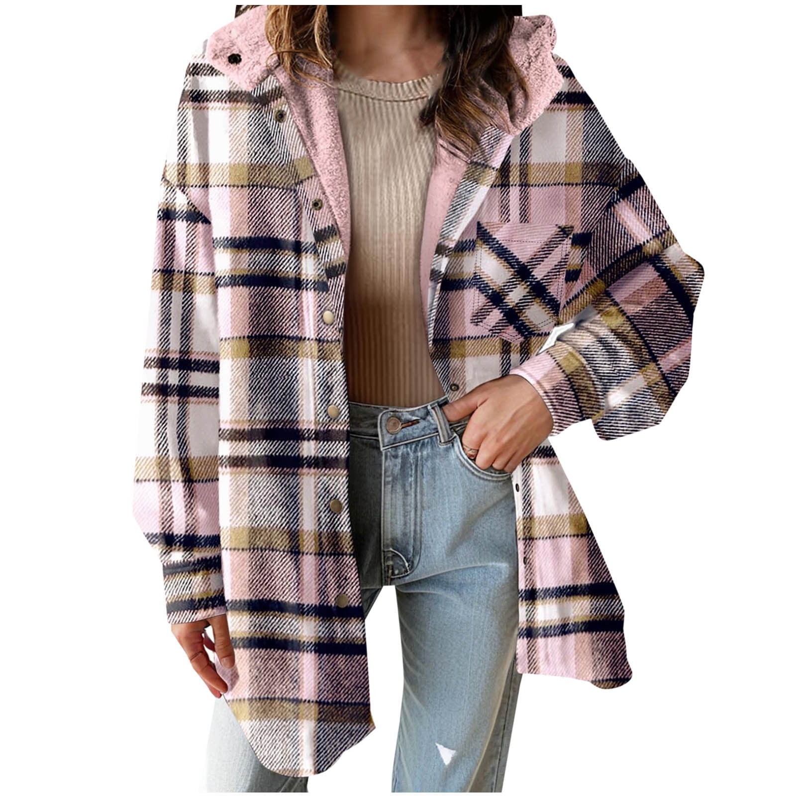 Womens Flannel Plaid Jacket Mid Length Button Up Hooded Midweight