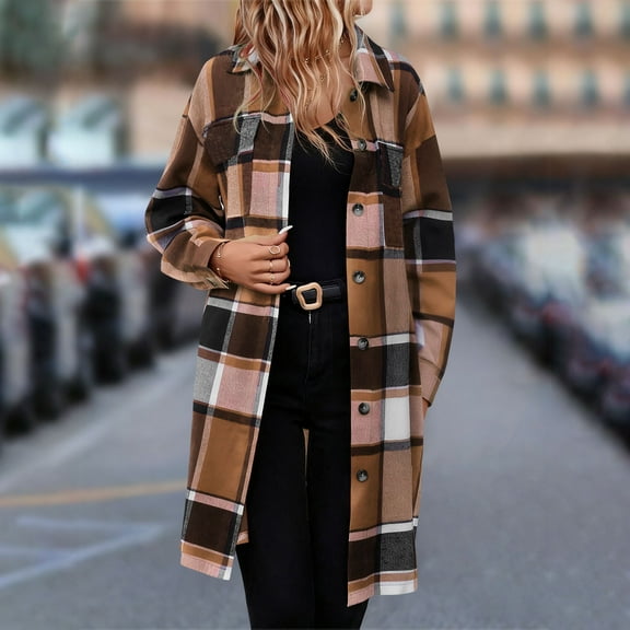 Womens Flannel Plaid Long Jacket Casual Lapel Button up Trench Coat Fall Trendy Outerwear with Pocket New Women's Casual Jackets Brown S