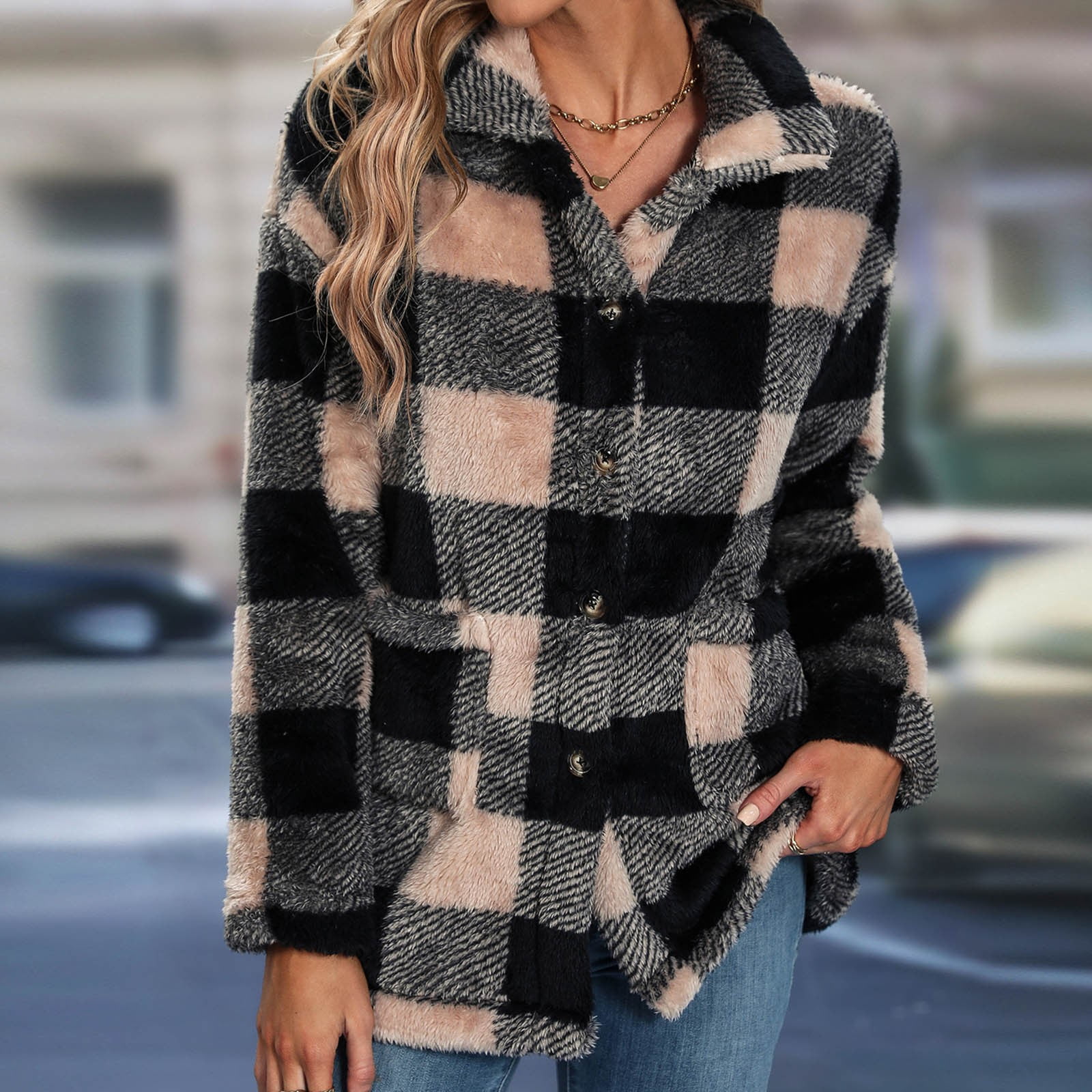 Womens Flannel Plaid Shacket Casual Lapel Button Down Fleece