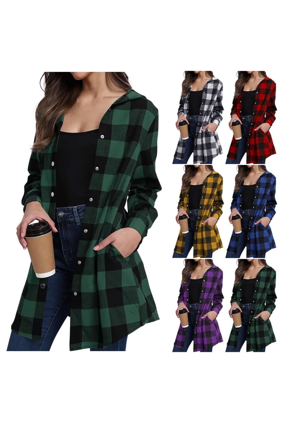 Womens Flannel Plaid Shacket Jacket Button Down Fashion Solid T-shirt Long Sleeve Button Comfortable Blouse Top Pockets Hooded Blouse Collared Shacket Tops Army Green,S