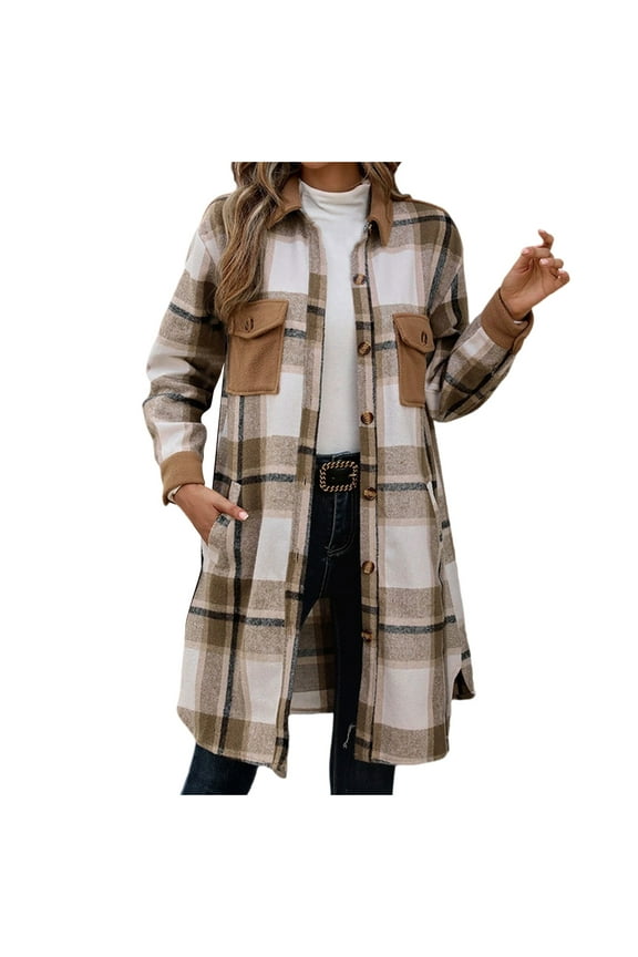 Womens Flannel Plaid Shacket Jacket Winter Woolen Long Sleeve Cardigan Pockets Casual Lapel Button Down Trench Coat (Coffee S)