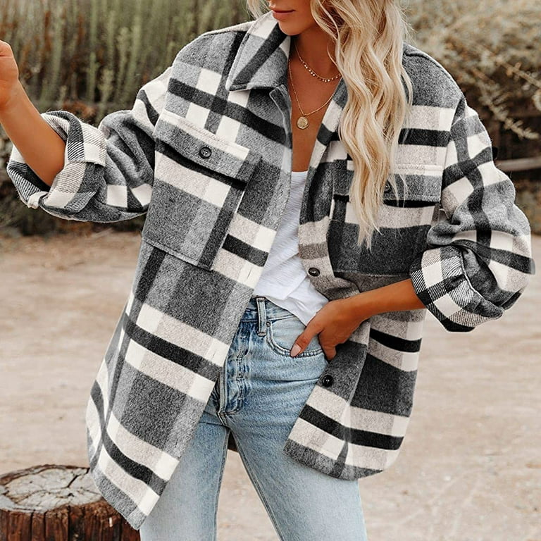 Womens Flannel Plaid Shirt Jacket Button Down Long Sleeve Shacket Coat Fall  Warm Outwear Clothes
