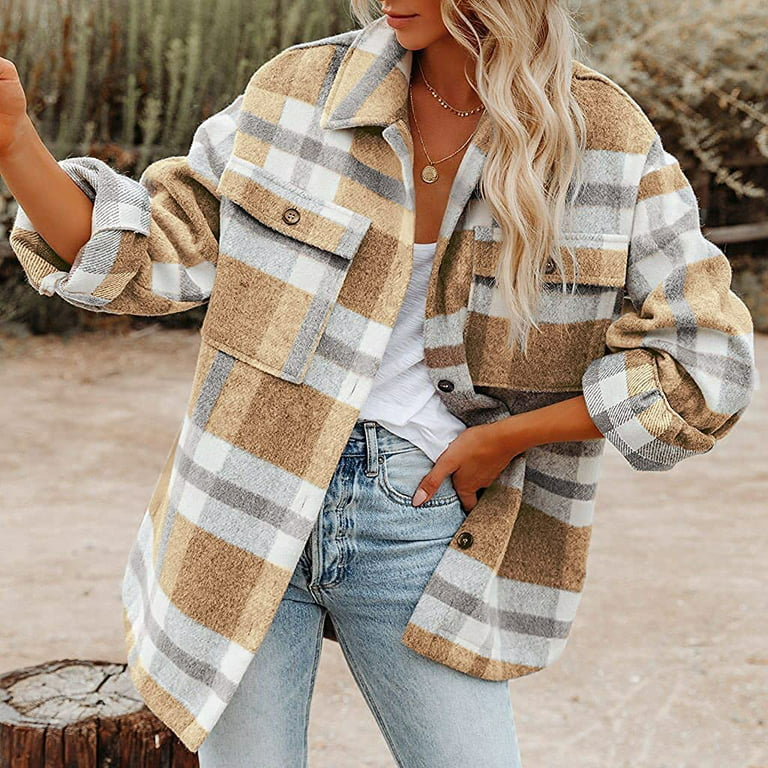 Womens Flannel Plaid Shirt Jacket Button Down Long Sleeve Shacket Coat Fall  Warm Outwear Clothes