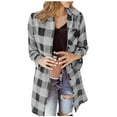 thumbnail image 1 of Womens Flannel Plaid Shirt Shackets Mid Length Pocketed Button Up Casual Lightweight Fall Spring Jacket Blouses (2XL, Gray), 1 of 7