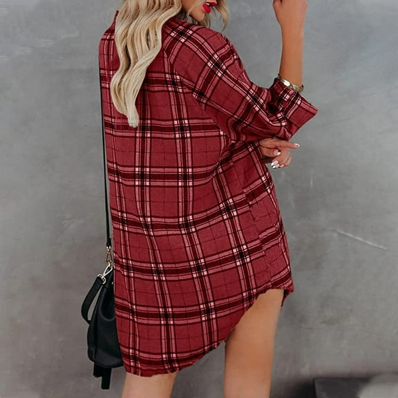 Womens Flannel Plaid Shirts Dress Button Down V Neck Long Sleeve Dresses Tunics Casual Loose Mini Dress with Pocket