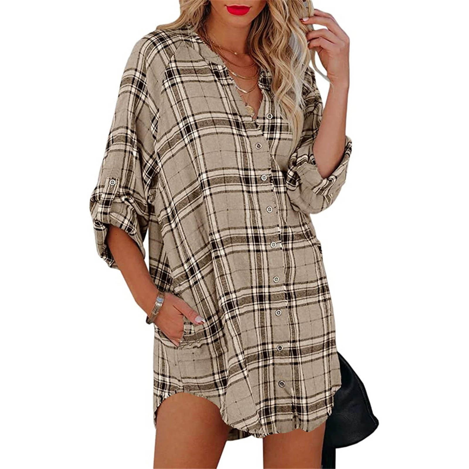 Short-sleeved plaid dress with fitted high-waist button decoration