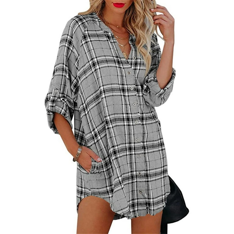 Womens Flannel Plaid Shirts Dress Button Down V Neck Long Sleeve - Main Image