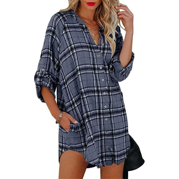 Womens Flannel Plaid Shirts Dress Button Down V Neck Long Sleeve Dresses Tunics Casual Loose Mini Dress with Pocket
