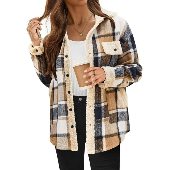 Womens Flannel Plaid Shirts Fashion Sherpa Lined Flannel Jackets Button Up Fleece Hooded Warm Outwear Coat with Pockets Brown L