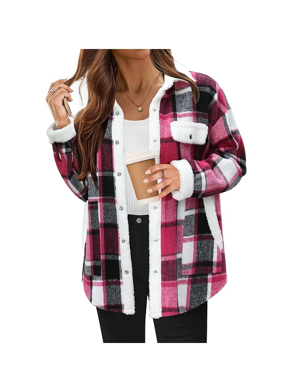 Womens Flannel Plaid Shirts Fashion Sherpa Lined Flannel Jackets Button Up Fleece Hooded Warm Outwear Coat with Pockets Hot Pink XXL