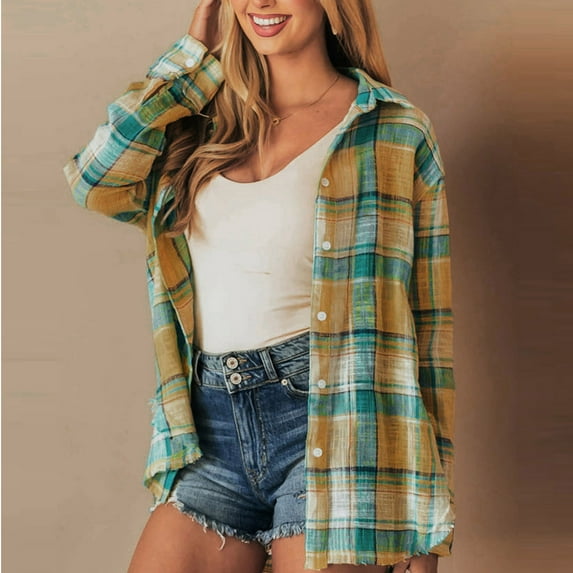 Womens Flannel Plaid Shirts Oversized Button Down Shirts Blouse Tops Green L EO633