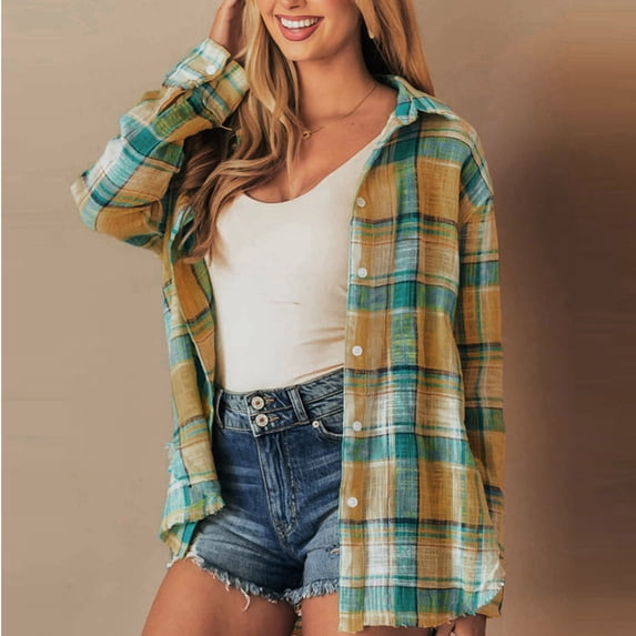 Womens Flannel Plaid Shirts Oversized Button Down Shirts Blouse Tops Green S EO636