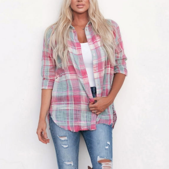 Womens Flannel Plaid Shirts Oversized Button Down Shirts Blouse Tops Pink XXL EO639