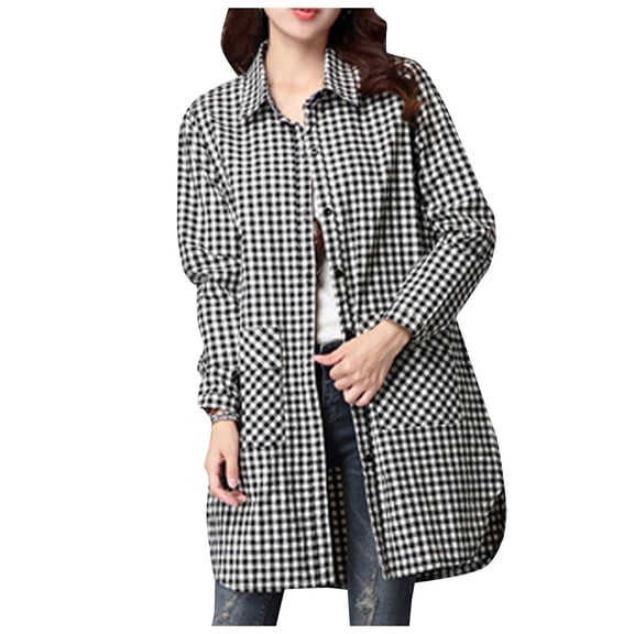 Womens Flannel Plaid Shirts in Women Long Length Button Down Long Sleeve Blouses with Pocket Spring Fall Casual Loose Fit Womens Shirts