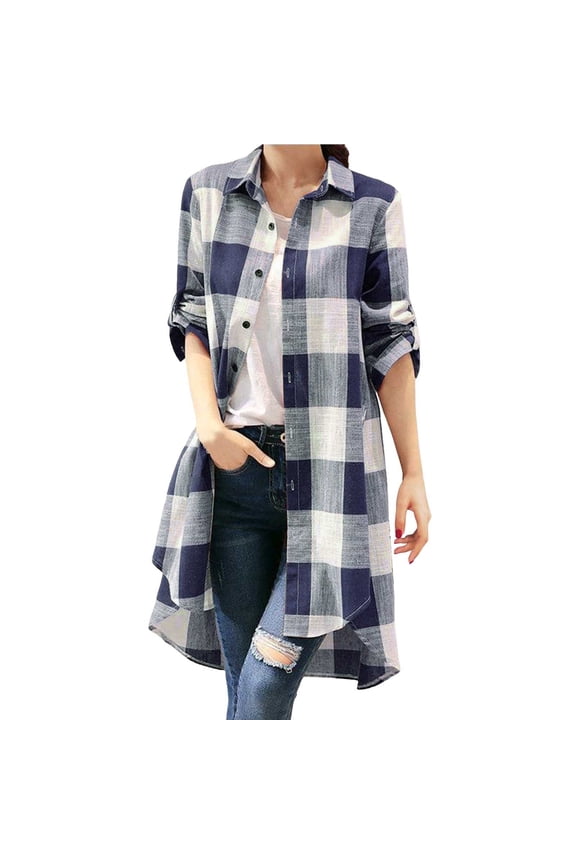 Womens Flannel Plaid Shirts in Women Plus Size Long Sleeve Long Length Tops Blouses Button Down Lapel Spring Fall Casual Loose Fit Womens Shirts