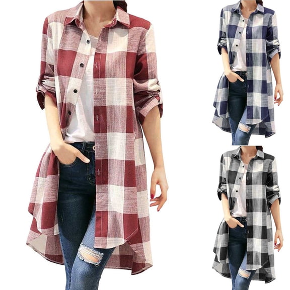 Womens Flannel Plaid Shirts in Women Plus Size Long Sleeve Long Length Tops Blouses Button Down Lapel Spring Fall Casual Loose Fit Womens Shirts