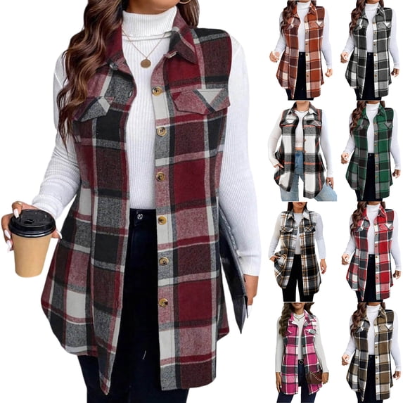 Womens Flannel Plaid Vest Tops Trendy Long Sleeveless Button Down Shirts Jackets Casual Fall Checkered Shacket Coat Green XL