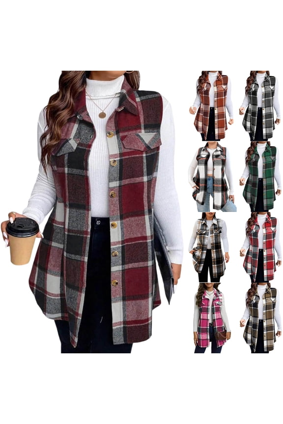 Womens Flannel Plaid Vest Tops Trendy Long Sleeveless Button Down Shirts Jackets Casual Fall Checkered Shacket Coat Hot Pink XXL